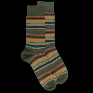Homme Doré Doré Chaussettes^Chaussettes homme en coton à rayures fines multicolores - Vert cyprès & Orange henné