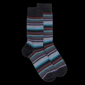 Homme Doré Doré Chaussettes^Chaussettes homme en coton à rayures fines multicolores - Noir & Rouge pommard