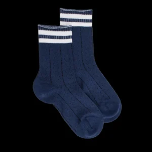 Enfant Doré Doré Chaussettes^Chaussettes pour enfants ajourées en fil d'Ecosse - Bleu Voilier & Blanc