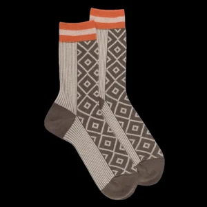 Femme Doré Doré Chaussettes^Chaussettes pour femme en fil d'Ecosse mi-rubané et mi-rhombique avec effet brillant - Blanc Grive