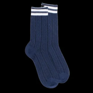 Femme Doré Doré Chaussettes^Chaussettes pour femmes ajourées en fil d'Ecosse - Bleu Voilier & Blanc
