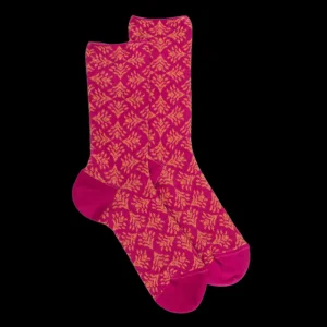Femme Doré Doré Chaussettes^Chaussettes pour femmes en fil d'Ecosse à motifs d'éventails avec effet scintillant - Rose Flamboyant