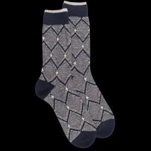Homme Doré Doré Chaussettes^Chaussettes pour hommes en laine vierge, viscose et cachemire avec motifs à losanges - Bleu marine