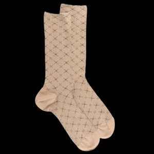 Homme Doré Doré Chaussettes^Chaussettes pour hommes en fil d'Ecosse à motifs géométriques sans tricot élastique - Beige Grège