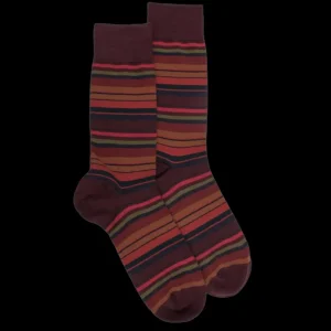 Homme Doré Doré Chaussettes^Chaussettes rayures fines multicolores en laine mérinos - Aubergine & Framboise