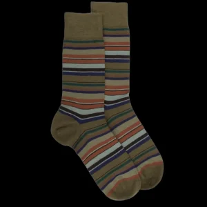 Homme Doré Doré Chaussettes^Chaussettes rayures fines multicolores en laine mérinos - Vert lichen & gris-vert fer