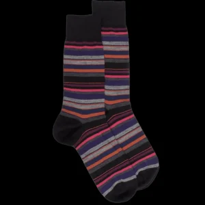 Homme Doré Doré Chaussettes^Chaussettes rayures fines multicolores en laine mérinos - Noir & rouge sangria