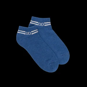 Femme Doré Doré Socquettes^Chaussons en coton éponge uni pour femmes, avec rayures et logo brillant - Bleu jean clair