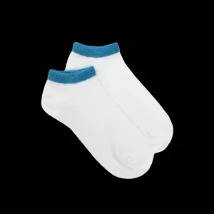 Femme Doré Doré Socquettes^Chaussons en coton uni pour femmes avec poignet en éponge contrastée - Blanc & Bleu Pacifique