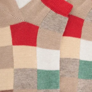 Enfant Doré Doré Socquettes^Socquettes enfant à carreaux en coton - Beige Grège & Rouge Ponceau