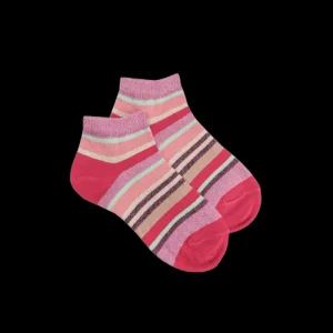 Enfant Doré Doré Socquettes^Socquettes enfant à rayures en coton avec effet brillant - Rouge Cerise & Rose Pétale