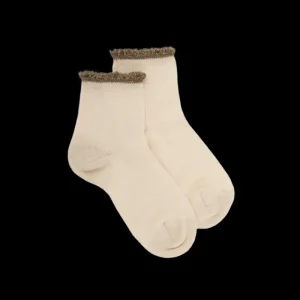 Enfant Doré Doré Socquettes^Socquettes enfant ajourées en fil d'Écosse avec bord-côte contrasté effet brillant - Blanc Givre