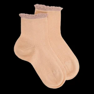 Enfant Doré Doré Socquettes^Socquettes enfant ajourées en fil d'Ecosse avec bord-côte contrasté effet lurex -