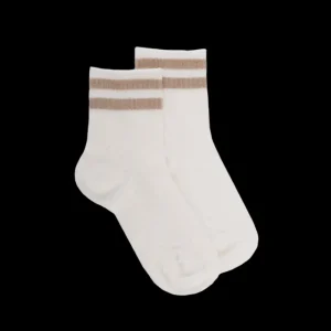 Enfant Doré Doré Socquettes^Socquettes enfant ajourées en fil d'Écosse avec rayures en contrasté sur bord-côte - Blanc Givre & Beige sable