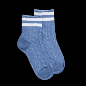 Enfant Doré Doré Socquettes^Socquettes enfant ajourées en fil d'Écosse avec rayures en contrasté sur bord-côte - Bleu Bassin & Blanc