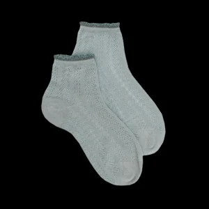 Femme Doré Doré Socquettes^Socquettes femme ajourées en fil d'Écosse avec bord-côte contrasté effet brillant - Vert Rivière