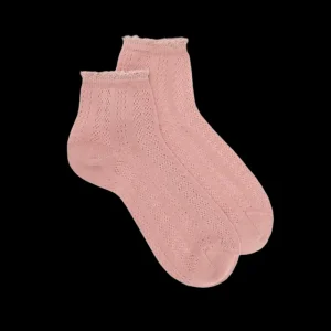 Femme Doré Doré Socquettes^Socquettes femme ajourées en fil d'Écosse avec bord-côte contrasté effet brillant - Rose Praline