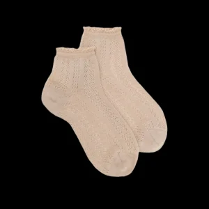 Femme Doré Doré Socquettes^Socquettes femme ajourées en fil d'Écosse avec bord-côte contrasté effet brillant - Beige Grège