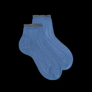 Femme Doré Doré Socquettes^Socquettes femme ajourées en fil d'Écosse avec bord-côte contrasté effet brillant - Bleu Macadam
